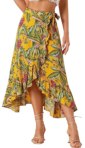 Allegra K Women's Tropical Floral Print Ruffle Self Tie Knot Split Beach Hawaiian Wrap Skirt Medium Yellow