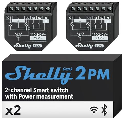 Shelly 2PM Gen3, Wi-Fi Smart Roller Shutter Switch Module, Power Metering, 2-Channel 16A, Motorized Blinds/Curtains Control, Alexa/Google Home Compatible, iOS/Android App, Home Automation (2 Pack)