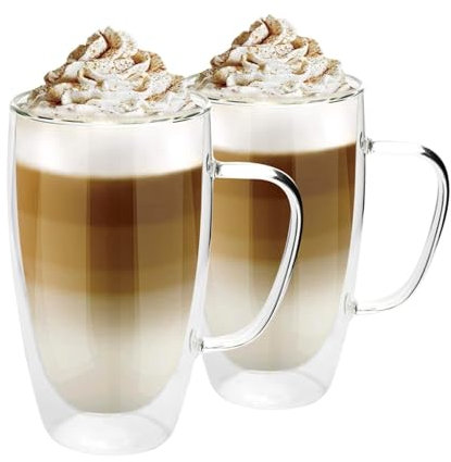 Almineez Set of 2 Double Walled Glass Coffee Mugs (450ml), Thermal Insulated Borosilicate Glass Cups with Handle for Tea, Coffee, Latte, Cappuccino, Hot and Cold Drinks Beverages