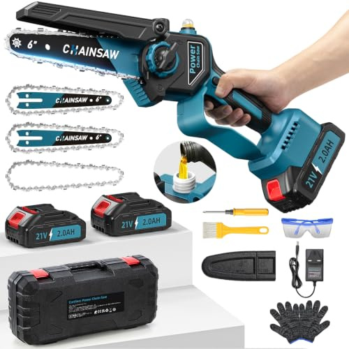 Mini Motosierra Bateria, Motosierra Eléctrica 1000W Sin Escobillas 6 Pulgadas 2 Baterías 2000mAh con Depósito Para El Aceite, Sierra Electrica, Motosierra de Mano para Podar Arboles de Jardinería