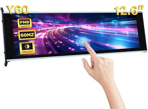 GeeekPi 12.6 Inch IPS LCD Touch Screen Monitor FHD 1920x515 Display, Fit for Hyte Y60 PC Case CPU GPU Secondary Monitor Panel, Built-in Dual Speakers, Plug & Play,with up to 10-Points of Multi-Touch