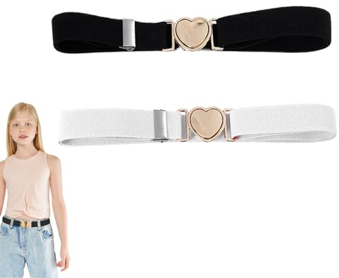 Vierone 2Pcs Adjustable Elastic Waist Belts for Girls, Black & White, Size 40-70cm, Heart-Shaped Buckle, Casual Elastic Belt for Kids