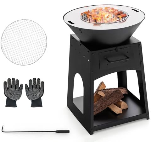 GOPLUS Foyer Extérieur, Brasero Jardin en Métal φ60 CM avec Poker, Gants, Grille de Cuisson, Compartiment Rangement, Foyer Extérieur 2 en 1 pour Fête, BBQ, Noir