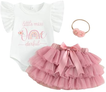 LYSINK Baby Girls My 1st Birthday Outfits Short/Long Sleeve Romper A-Line Lace Tutu Skirt Headband Cake Smash Outfits 3 Piece Suit (Bc White, 6-12 Months)