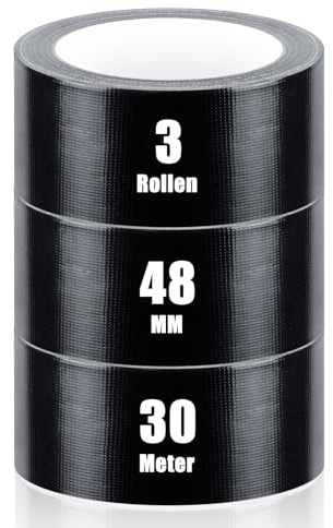 iuqiepo 3 Rollen Panzertape, Gewebeklebeband 30m x 48mm, Wasserfestes Reparaturband für Innen und Außen, Hochklebendes Panzertape Schwarz, Handreißbares Panzerband