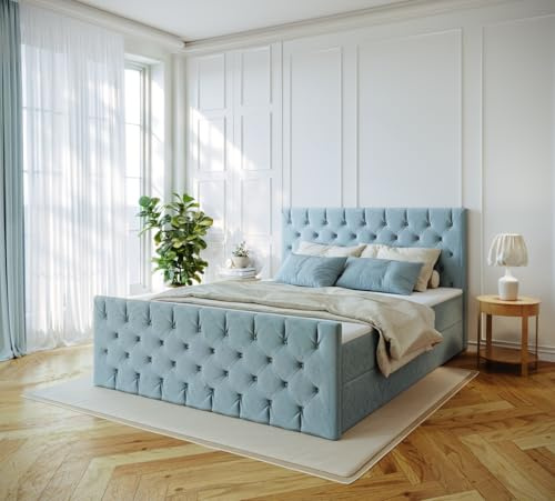 Boxspringbett 200x200 mit Bettkasten - Bett mit Matratze H3 und 2 Bettkästen - Bettpolsterung aus wasserabweisendem Stoff - Schlafzimmerbett mit Topper - Elegantes Doppelbett für das Schlafzimmer