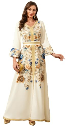 Middle Eastern Modest Maxi Dress - Muslim Moroccan Kaftan Abaya for Women Gold Embroidered Eid Dress Islamic Traditional Wear (Champagne, XS)