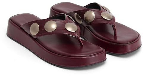MELGONMG Women'S Platform Flip Flops With Fashion Studded Comfortable Round Toe Non-Slip Chunky Wedge Slip On Dress Thong Slides Sandals For Boho Beach Party (Wine Red,8.5)