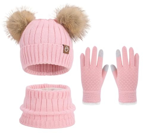 KDFSSIPE Cappello a Maglia Bambini Inverno Berretto Sciarpa Guanti Set, Cappello a Maglia Bambini Invernale Sciarpa Guanti Berretto In Maglia Con Pompom Regali Per Ragazze Ragazzo 4-10 Anni (Rosa)