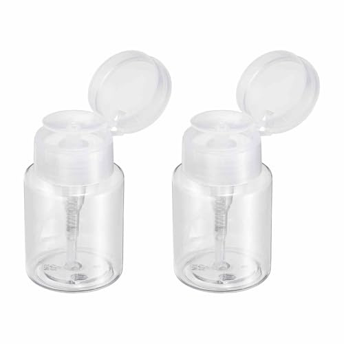 HARFINGTON 2pcs Push Down Pump Dispenser 3.5OZ (100ML) Plastic Nail Polish Remover Pumping Empty Bottle with Flat Flip Cap for Makeup Remover Alcohol Facial Toner, Clear