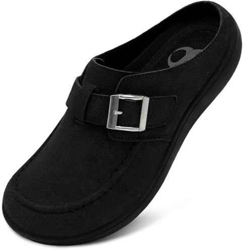 Scurtain Women's Suede Clogs Wide Fit Slip-on Mules with Adjustable Buckle | Zero Drop Sole, Non-Slip Rubber Outsole, Soft Suede Upper, for Indoor & Outdoor, Easy Care