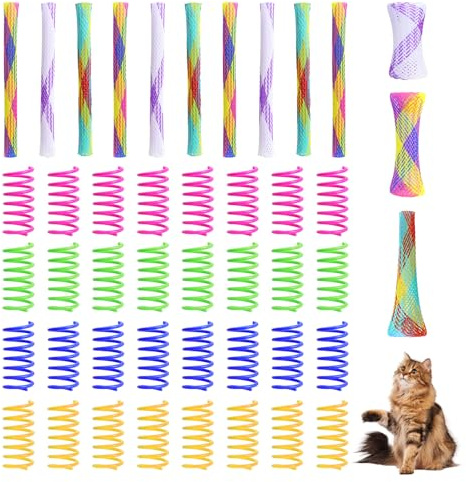 Funver 42 stycken kattfjäderleksaker - flexibla och färgglada spiralrör för kattungar, infällbara och roliga interaktiva leksaker, hållbar plastfjäder, slumpmässig färg