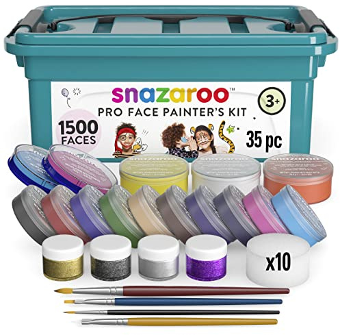Snazaroo Professional Face Paint Kit for Kids and Adults, 35 Pieces, 15 Colours, Brushes, Glitter Gels, Sponges, Guide, Water Based, Easily Washable, Makeup, Body Painting