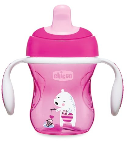 Chicco Training Trinklernbecher für Babies ab 6 Monaten, Auslaufsicherer Kinder Trinkbecher mit ergonomischer halbweicher Tülle, Ventil und abnehmbaren Griffen - Lila oder Pink