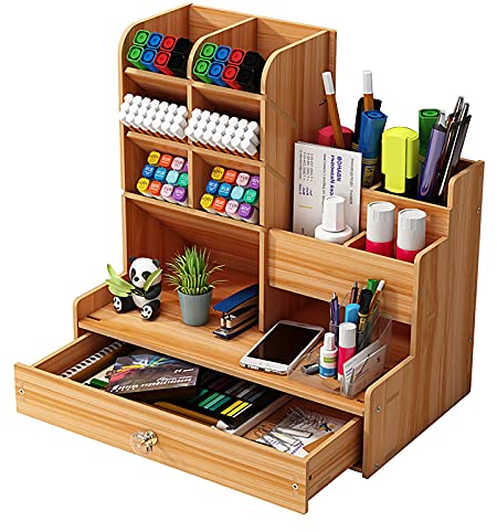 Hggzeg Organizer da scrivania in legno fai da te da te per cancelleria, grande capacità, con cassetto per casa, ufficio e scuola (B17 color ciliegia)