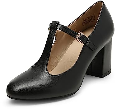 DREAM PAIRS Zapatos de Tacón Ancho Clásicos Mujer de Correa en TZapatos de Salón PU,Size 37,Negro/PU,DPU211
