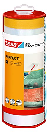 tesa Easy Cover Perfect+ Dispenser XL - 2in1 Malerfolie mit Washi-Kreppband und Abroller - für saubere, präzise Schnitte - mit Klingenabdeckung - 33m x 1,40 m