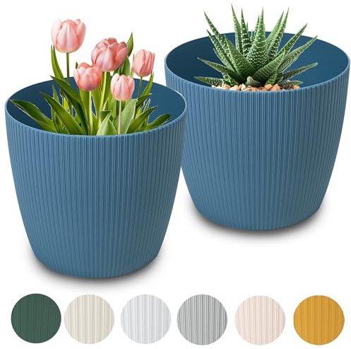PECZEKO Ogenomskinlig blommugg, dekorativ blomkruka i plast för stora växter, uppsättning med 2 blomkrukor, doftkopp för örter, (2 stycken) blå, Ø 26 cm