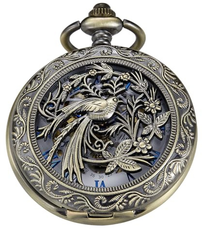 Tiong Bronze Single Open Swallow Design Mechanical Pocket Watch, Men's Mechanical Movement Roman Digital Dial Pocket Watch