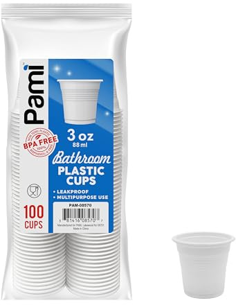PAMI Plastic Bathroom Cups, 3oz [Pack of 100]- Disposable Mini Mouthwash Cups- Food-Safe & BPA-Free Rinse Cups- Multipurpose & Leakproof Stackable Bath Cups- Great for Medicine, Espresso, Shots