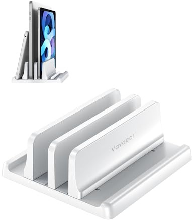 VAYDEER Soporte Vertical para 2 Portátiles, Blanco, 2 Ranuras | Dos ranuras ajustables para organizar portátiles, tablets y otros dispositivos en vertical