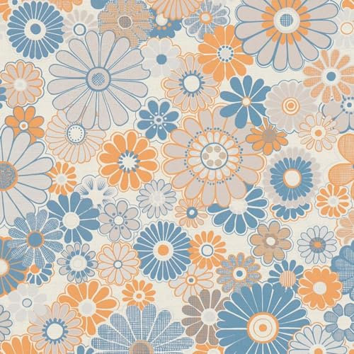 Retro Chic Floral Wallpaper - Orange Blue White Vintage Flowers - Textured Stylish Paste The Wall Vinyl
