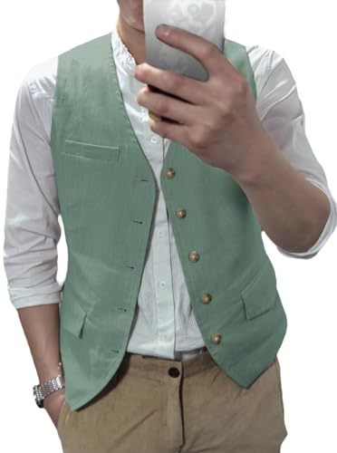 AeoTeokey Gilet estivo in lino, da uomo, per il tempo libero, per feste, vestibilità regolare, verde chiaro, L