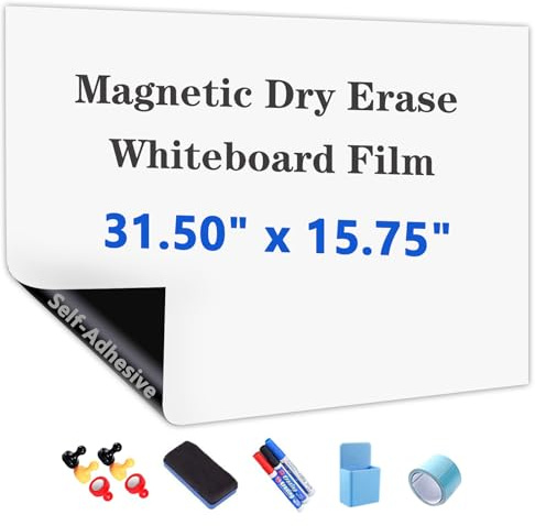 Self-Adhesive Dry Erase Whiteboard Sticker, 31.50 x 15.75 Magnetic Receptive White Board Wall Film, No Ghosting, Easy Write & Clean | Peel & Stick for Office, Home & Classroom,Incl. Accessories