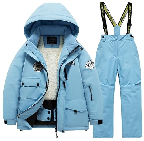 SUYUKU Traje de Nieve 2 Piezas para Niños Invierno Niña Niño Traje de Nieve Abrigo con Capucha de Moda Pantalones de Peto Cálidos Niños Niña Trajes de Esquí Impermeables Felpa Térmica Exterior Traje