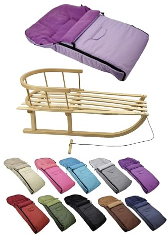 Kombi-erbjudande [träsläde universell vinteråkpåse 90 cm] kälke med ryggstöd och dragrep, fotsäck, lämplig för babystol, barnvagn, buggy med termofleece (syren)