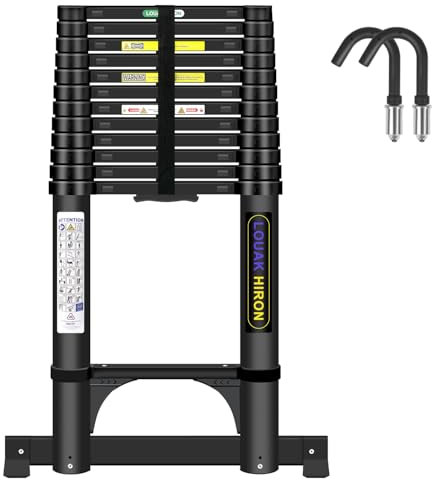Échelle télescopique en Aluminium de 5,1 m avec Crochet - Échelle Pliante avec stabilisateur - Antidérapante - en Aluminium de qualité supérieure - Échelle Extensible Multifonction - Échelle