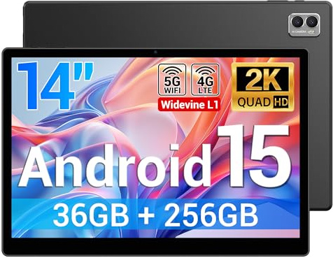 BEYNIVAN Tablet 14 Pulgadas Android 15 Tableta con 4G LTE y 5G WiFi,11580mAh y 20W,36GB RAM+256GB ROM/2000 * 1200 FHD/Face ID/GPS/BT 5.0/TÜV/USB-C,Tablet con Lapiz,Nero