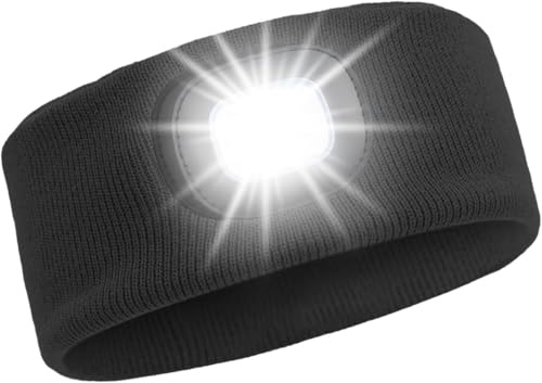 LED Lighted Headband, USB Rechargeable Night Running Headlamp Running Lights for Runners with 4 LED, Head Torch Stretchy and Waterproof, Hands Free Flashlight for Runners Dog Walking Hiking (Black)