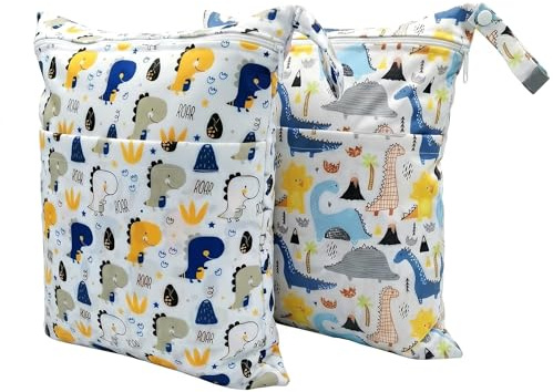 MOLENCO 2 Pcs Wet Bag, Waterproof Wet Dry Bags, Reusable Cloth Diaper Bags | Washable Nappy Bags with Double Zipper Pockets & Handle, Portable, for Baby Items Travel Swimming Beach Pool (Dinosaur)