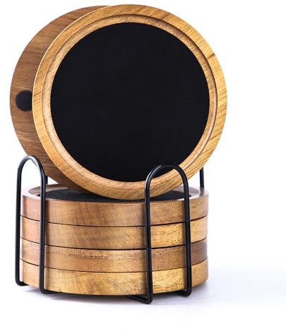 HALE OTEIR Acacia Wood Coasters Set of 6, 4.3 Inch Rustic Acacia Wood Black Felt Coaster for Drinks Absorbent with Holder for Glasses, Coffee & Wine, Natural Wood Table Decor for Home, Office & Chris