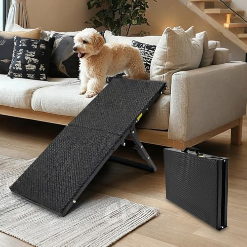 LoopTime Dog Ramp for Car,33.2x 12.8 Dog Stairs for Large Dogs with Anti-Slip Surface,Large Folding Pet Stairs for SUV,Truck with Adjustable Height,Outdoor Portable Wide Dog Steps up to 88LBS
