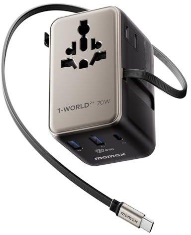 MOMAX Adattatore da viaggio universale da 70 W con cavo estensibile, spina da viaggio universale con 2 prese CA, 2 porte USB A e 2 porte USB C, adattatore da viaggio internazionale - Oro