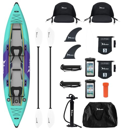 Amiaire Kayak Hinchable 2 Personas 420 cm - Kayak Inflable Doble Drop Stitch con Remos, Asientos, Bomba, Quillas y Bolsas Estancas - Kayak para Lago, Río y Mar - Pack Completo