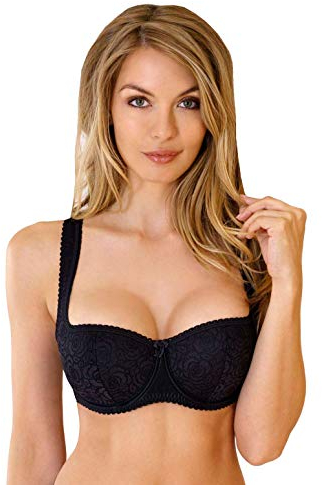 Rosme Women's Balconette Bra with Push Up Effect – Plus Size Sexy Lace Demi Half Cup Bra – Lightly Padded Underwired Low Cut Mesh Design Annija, Black, Size 36F