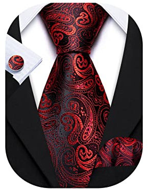 Barry.Wang Mens Ties and Pocket Square Cufflinks Silk Necktie Set Paisley, One Size, Red Black