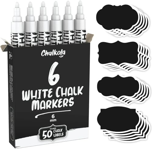 Chalkola Weiße Stifte – Set mit 6 abwischbaren Kreidestiften mit umkehrbarer Spitze 6 mm und 50 Kreideetiketten für Fenster, Glas, Leinwand, Kunststoff
