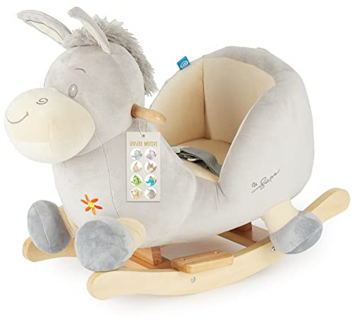 Bieco Peluche a dondolo asino Fips, 60 cm, per bambini, con cintura di sicurezza, altalena a partire dai 9 mesi, in legno