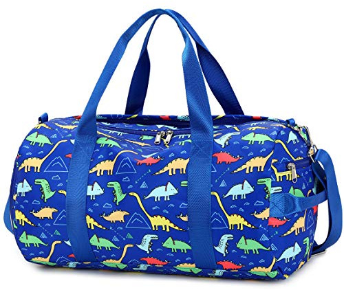 CAMTOP Kids Duffel Overnight Bag Boys Girls Toddler Weekender Carry-On Personalized Tote for Travel Gym Sport (Dinosaur-Dark Blue)