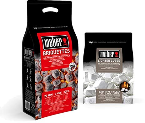 Socal - Carbone da Barbecue, 8 kg, Bricchetti Naturali, Senza Sostanze Chimiche, Forma del Cuscino Extra-Large, Confezione da 24 Cubetti, Accendini Weber, Borsa con Chiusura Lampo