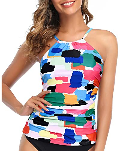 Tempt Me Women Color Block Tankini Top Only High Neck Bathing Suit Top Tummy Control Ruched Swimsuit Top Without Bottom XL