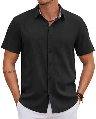 COOFANDY Mens Casual Dress Shirt Short Sleeve Button Up Linen Shirt Summer Clothes Black