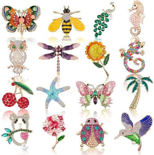 Sasylvia 16 Pcs Women Brooch Set Rhinestone Vintage Animal Insect Plant Pins Brooches Bulk for Women Girls Valentines gifts(Nature)
