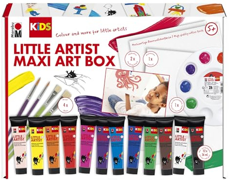 Marabu KiDS Little Artist Maxi Art Box, målnings- och pysselbox för barn från 5 år, inkl. 12 x 36 ml barnmålarfärg, pensel, blandpalett, kilram och målarbartong, 03050000113, universell