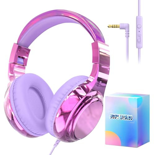 JYPS Casque Audio Enfant, Filaire Réglable/Pliable, Ecouteurs Enfant Audio avec Micro, 3.5mm Jack, 85/94dB Volume Limité, Headphones Musique pour Fille 2 Ans/iPad/Tablet/PC