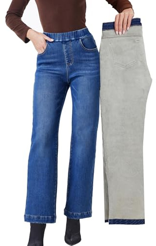 Fakanhui - Jeans pour Femme doublés en Polaire à Jambes Larges, pour l’Hiver, Thermiques, doublés en Flanelle, Jeans Larges, Bleu foncé, S